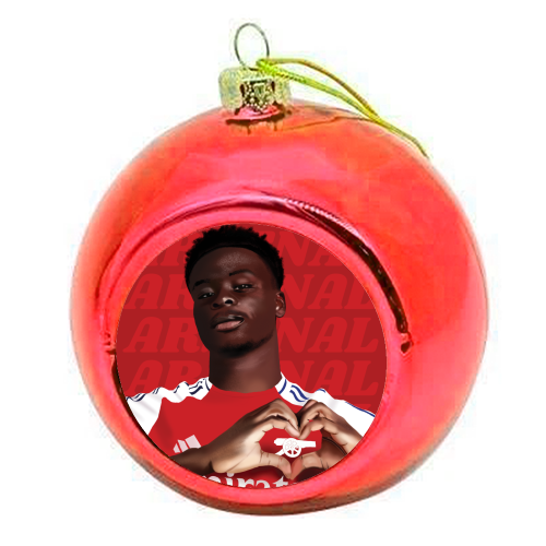 Arsenal Saka Red and White Emerates Gooners Giftware - colourful christmas bauble by AbiGoLucky