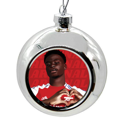 Arsenal Saka Red and White Emerates Gooners Giftware - colourful christmas bauble by AbiGoLucky