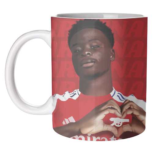 Arsenal Saka Red and White Emerates Gooners Giftware - unique mug by AbiGoLucky