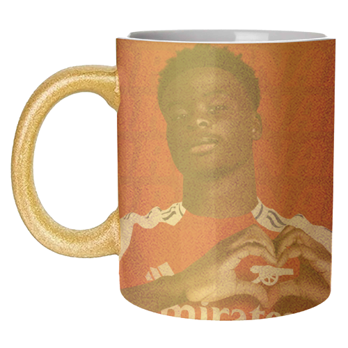 Arsenal Saka Red and White Emerates Gooners Giftware - unique mug by AbiGoLucky
