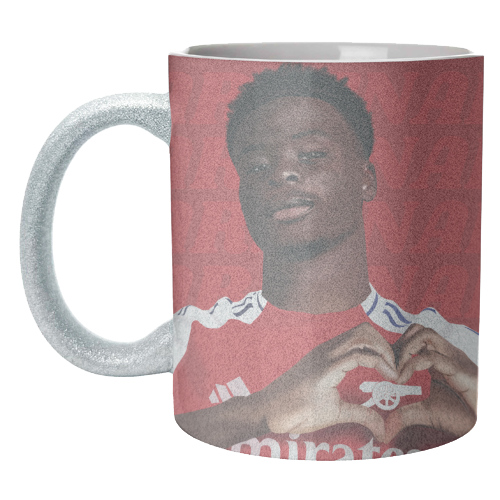 Arsenal Saka Red and White Emerates Gooners Giftware - unique mug by AbiGoLucky