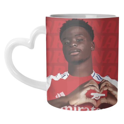 Arsenal Saka Red and White Emerates Gooners Giftware - unique mug by AbiGoLucky