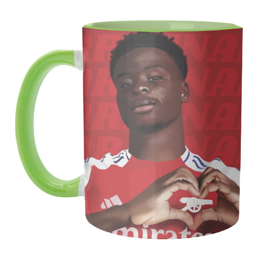 Arsenal Saka Red and White Emerates Gooners Giftware - unique mug by AbiGoLucky