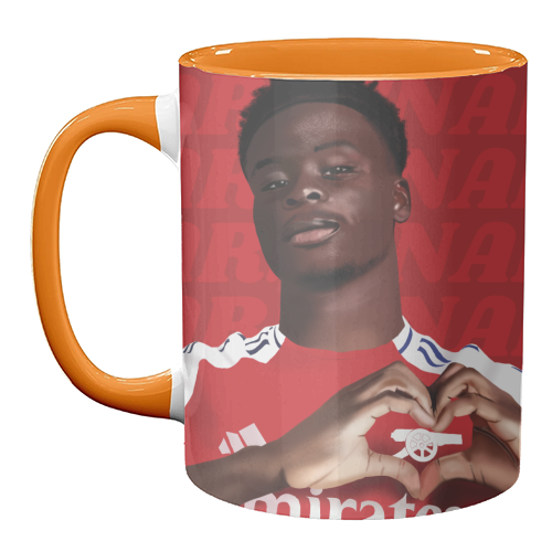 Arsenal Saka Red and White Emerates Gooners Giftware - unique mug by AbiGoLucky
