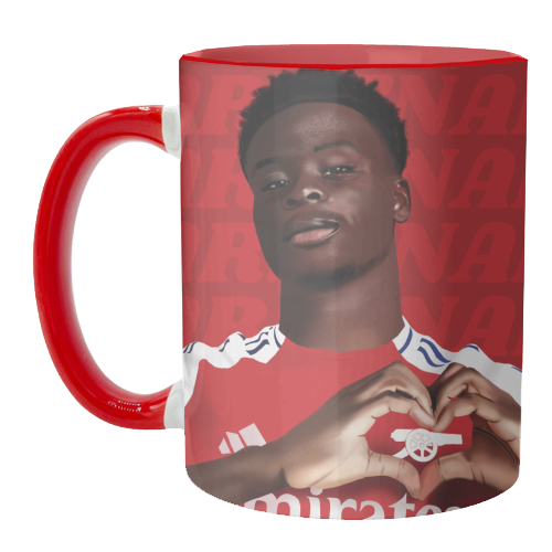 Arsenal Saka Red and White Emerates Gooners Giftware - unique mug by AbiGoLucky
