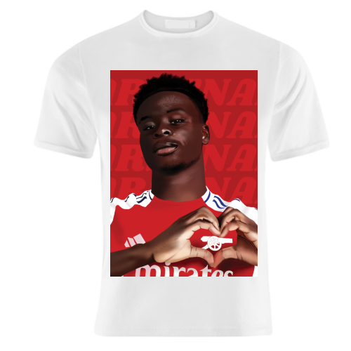 Arsenal Saka Red and White Emerates Gooners Giftware - unique t shirt by AbiGoLucky