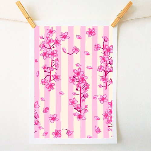 Retro Pink Cherry Blossoms - A1 - A4 art print by EZbie