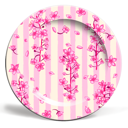 Retro Pink Cherry Blossoms - ceramic dinner plate by EZbie