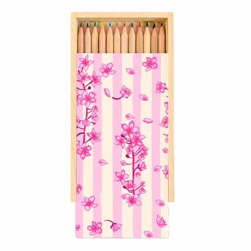 Retro Pink Cherry Blossoms - Coloured Pencils with Box by EZbie