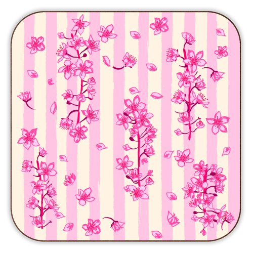 Retro Pink Cherry Blossoms - personalised beer coaster by EZbie