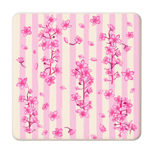 Retro Pink Cherry Blossoms - personalised beer coaster by EZbie