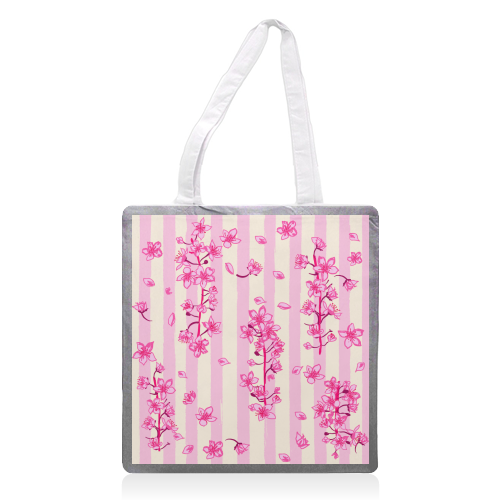 Retro Pink Cherry Blossoms - printed canvas tote bag by EZbie
