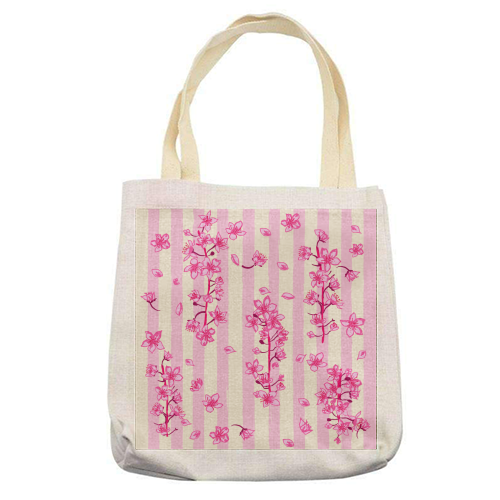 Retro Pink Cherry Blossoms - printed canvas tote bag by EZbie