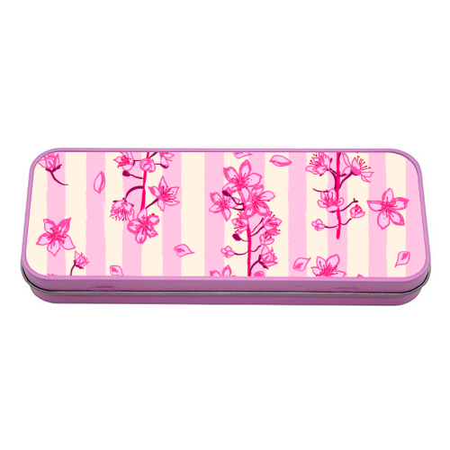 Retro Pink Cherry Blossoms - tin pencil case by EZbie