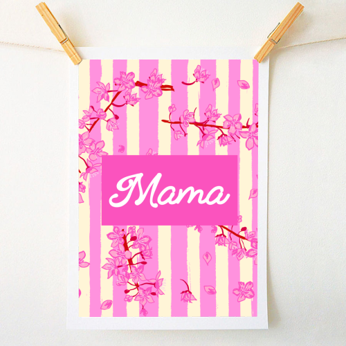 Mama Retro Pink Stripes Sakura Pattern - A1 - A4 art print by EZbie