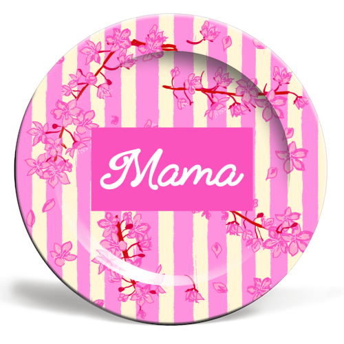 Mama Retro Pink Stripes Sakura Pattern - ceramic dinner plate by EZbie