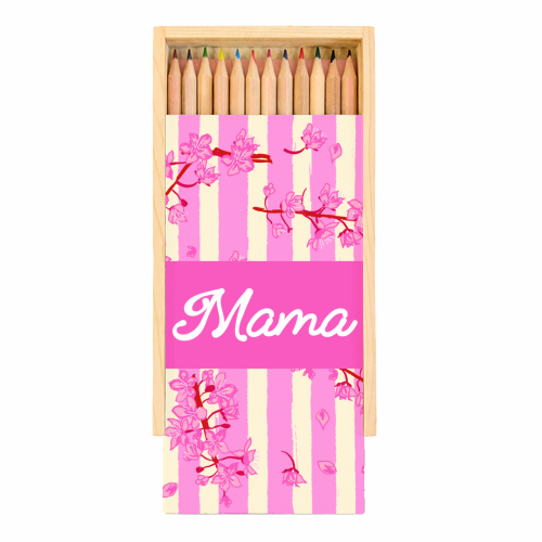 Mama Retro Pink Stripes Sakura Pattern - Coloured Pencils with Box by EZbie