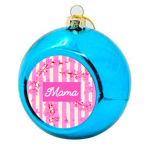 Mama Retro Pink Stripes Sakura Pattern - colourful christmas bauble by EZbie