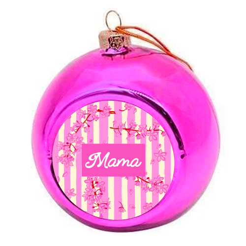 Mama Retro Pink Stripes Sakura Pattern - colourful christmas bauble by EZbie