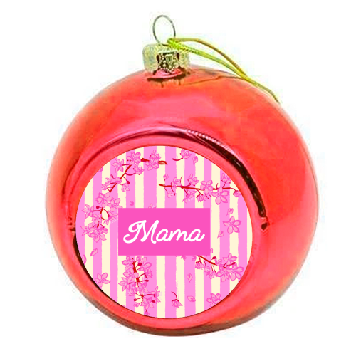 Mama Retro Pink Stripes Sakura Pattern - colourful christmas bauble by EZbie