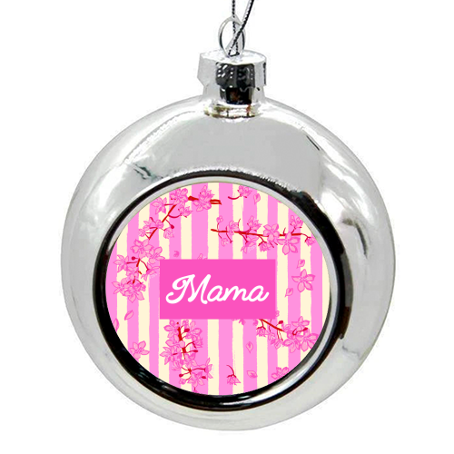 Mama Retro Pink Stripes Sakura Pattern - colourful christmas bauble by EZbie