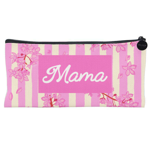 Mama Retro Pink Stripes Sakura Pattern - flat pencil case by EZbie
