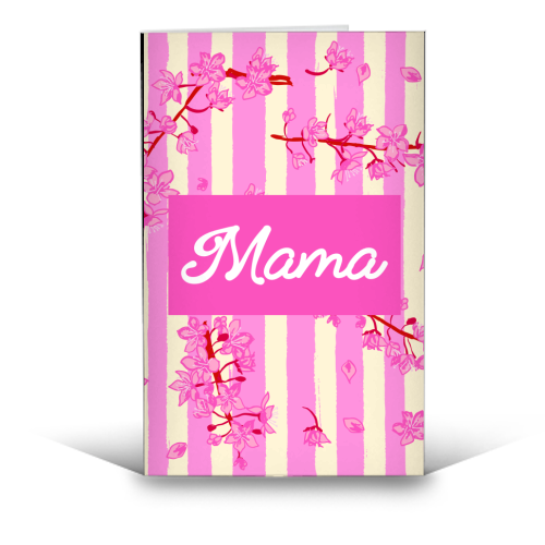 Mama Retro Pink Stripes Sakura Pattern - funny greeting card by EZbie