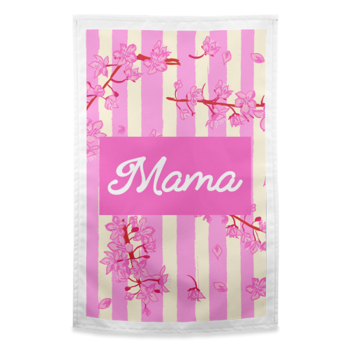 Mama Retro Pink Stripes Sakura Pattern - funny tea towel by EZbie