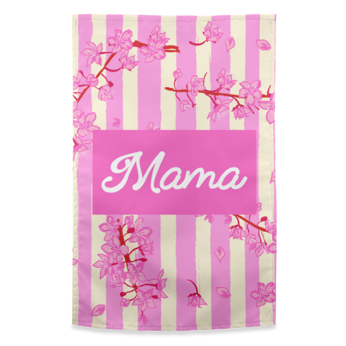 Mama Retro Pink Stripes Sakura Pattern - funny tea towel by EZbie