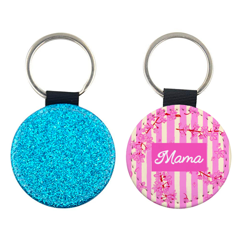 Mama Retro Pink Stripes Sakura Pattern - keyring by EZbie