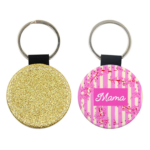 Mama Retro Pink Stripes Sakura Pattern - keyring by EZbie