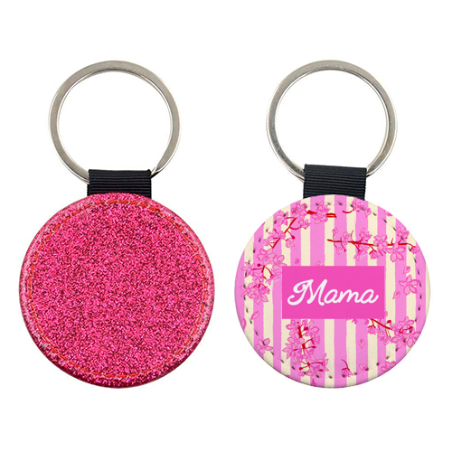 Mama Retro Pink Stripes Sakura Pattern - keyring by EZbie