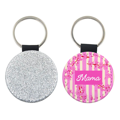 Mama Retro Pink Stripes Sakura Pattern - keyring by EZbie