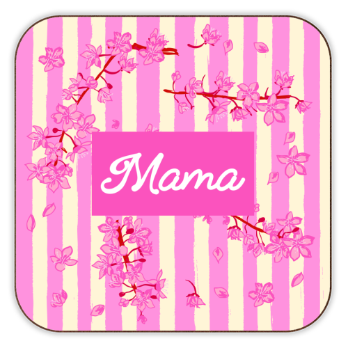 Mama Retro Pink Stripes Sakura Pattern - personalised beer coaster by EZbie