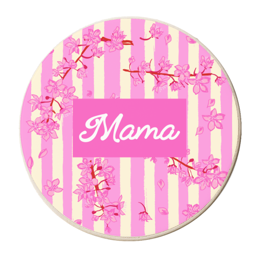 Mama Retro Pink Stripes Sakura Pattern - personalised beer coaster by EZbie