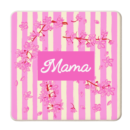 Mama Retro Pink Stripes Sakura Pattern - personalised beer coaster by EZbie