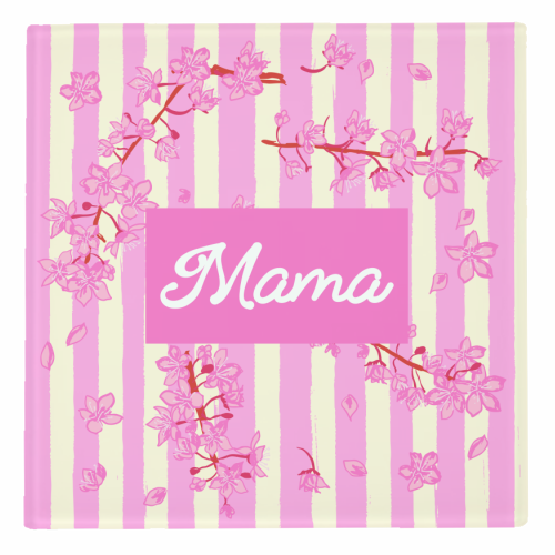 Mama Retro Pink Stripes Sakura Pattern - personalised beer coaster by EZbie