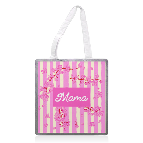 Mama Retro Pink Stripes Sakura Pattern - printed canvas tote bag by EZbie