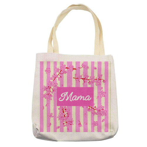 Mama Retro Pink Stripes Sakura Pattern - printed canvas tote bag by EZbie
