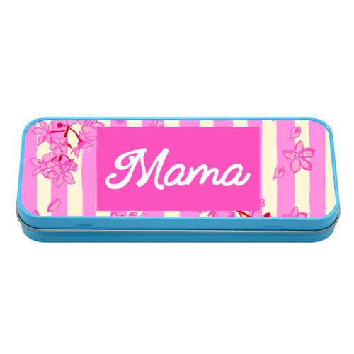 Mama Retro Pink Stripes Sakura Pattern - tin pencil case by EZbie