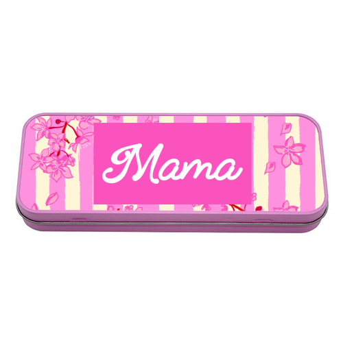 Mama Retro Pink Stripes Sakura Pattern - tin pencil case by EZbie