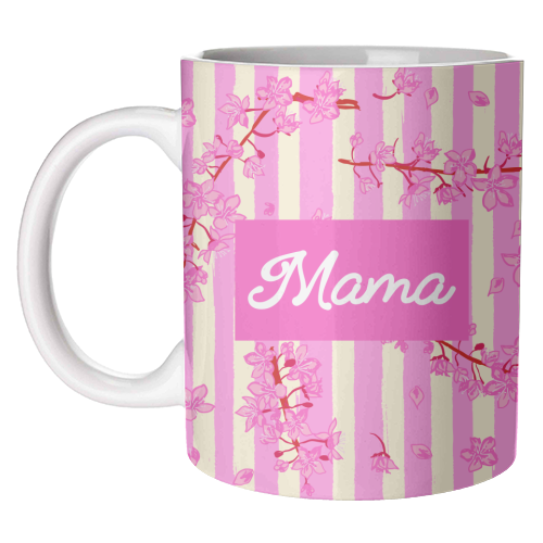 Mama Retro Pink Stripes Sakura Pattern - unique mug by EZbie
