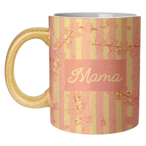 Mama Retro Pink Stripes Sakura Pattern - unique mug by EZbie