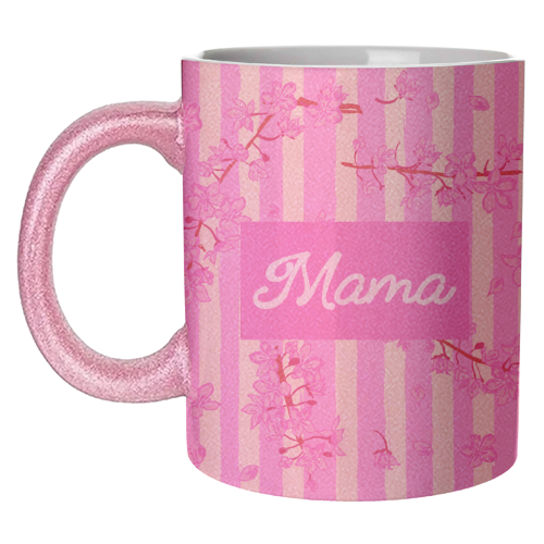 Mama Retro Pink Stripes Sakura Pattern - unique mug by EZbie
