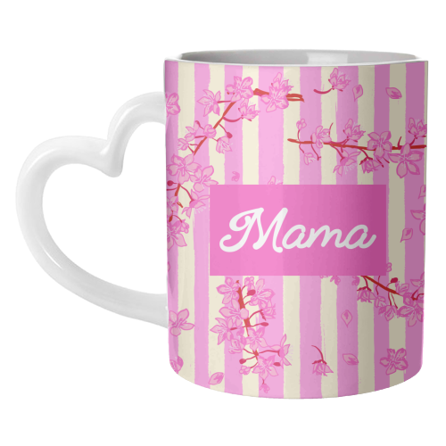Mama Retro Pink Stripes Sakura Pattern - unique mug by EZbie