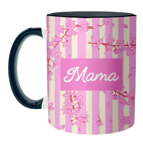 Mama Retro Pink Stripes Sakura Pattern - unique mug by EZbie