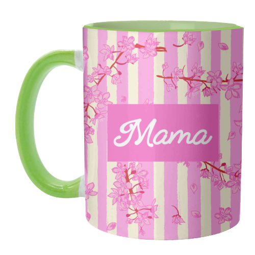 Mama Retro Pink Stripes Sakura Pattern - unique mug by EZbie