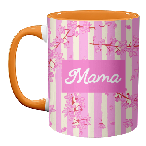 Mama Retro Pink Stripes Sakura Pattern - unique mug by EZbie