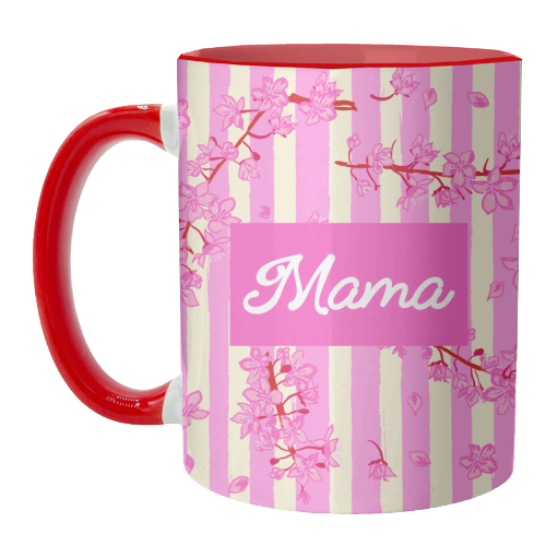Mama Retro Pink Stripes Sakura Pattern - unique mug by EZbie