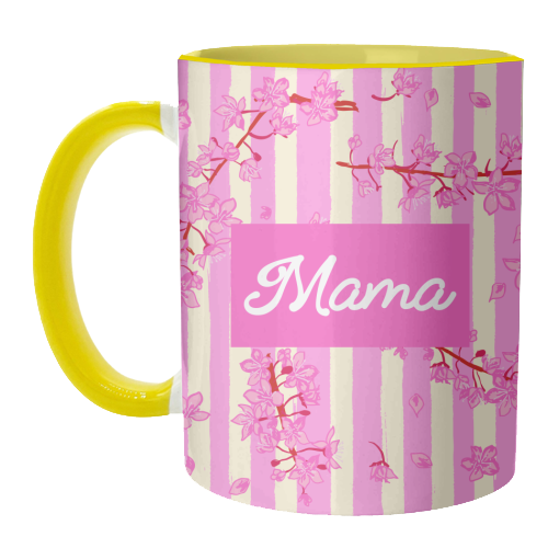 Mama Retro Pink Stripes Sakura Pattern - unique mug by EZbie